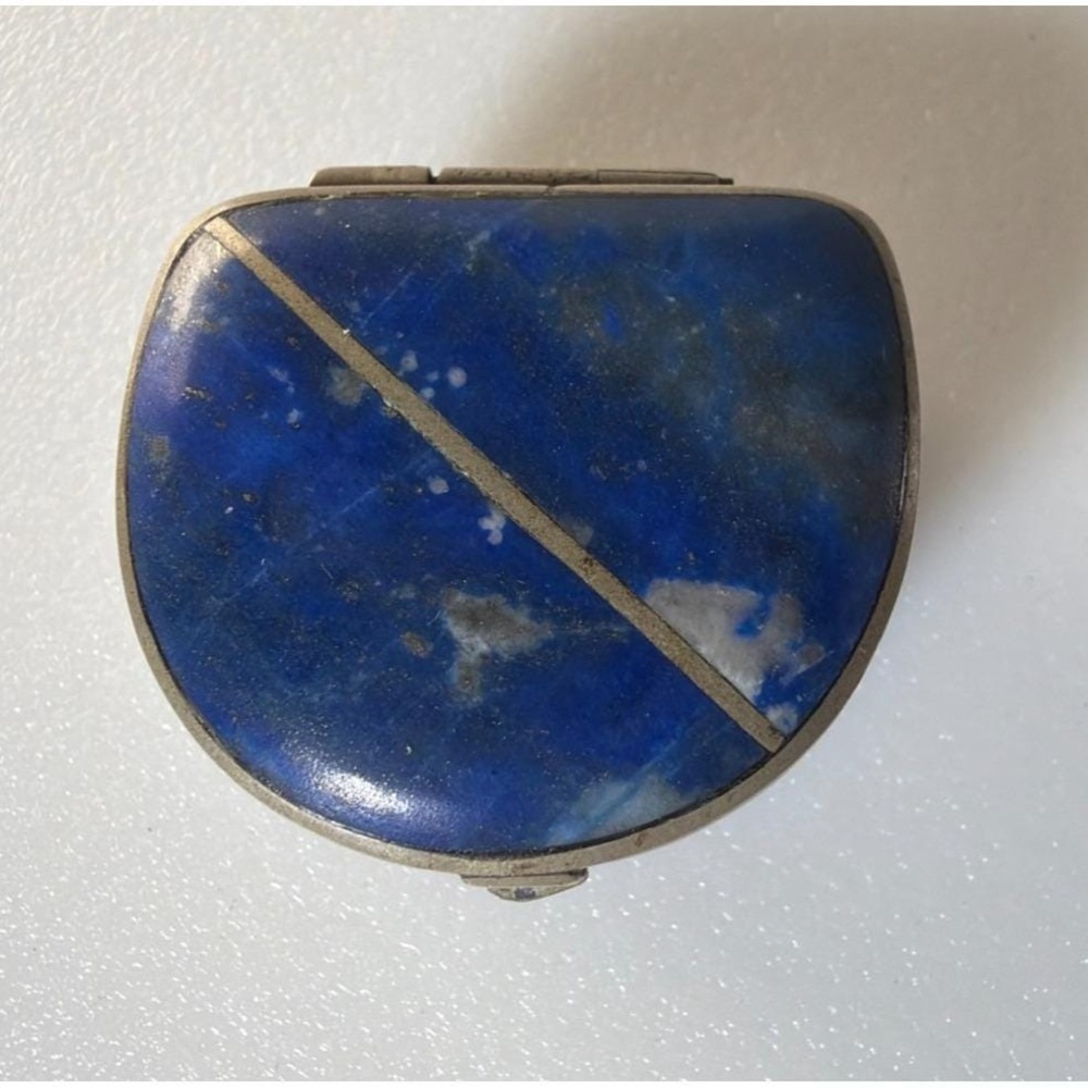 Lapis Lazuli Ring Pill Trinket Box Silver Metal Trim & Hinged Lid Pyrite Flecks - Picture 2 of 11